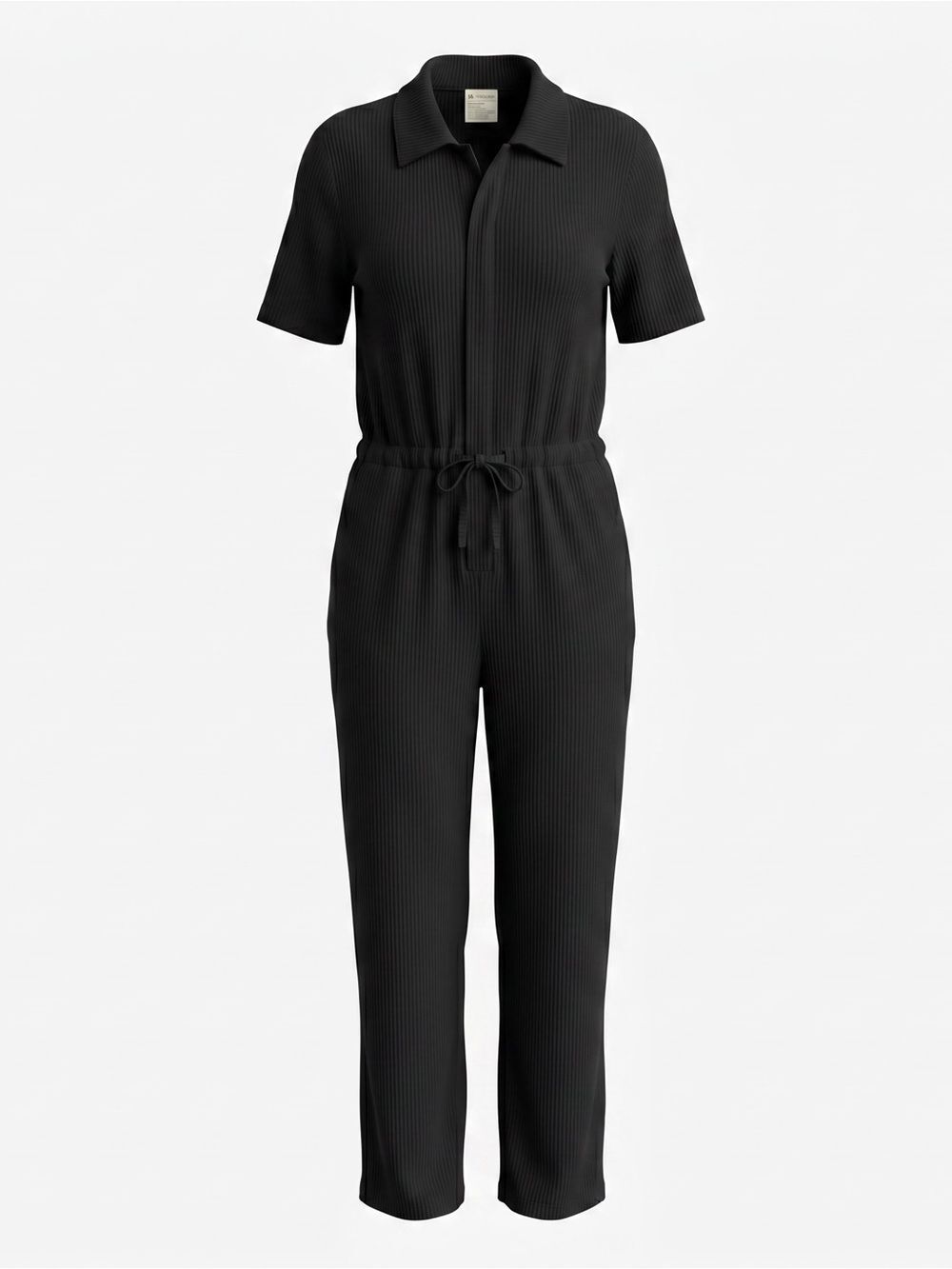 For Days Black Ribbed Short-Sleeve Collared Jumpsuit with Drawstring XL